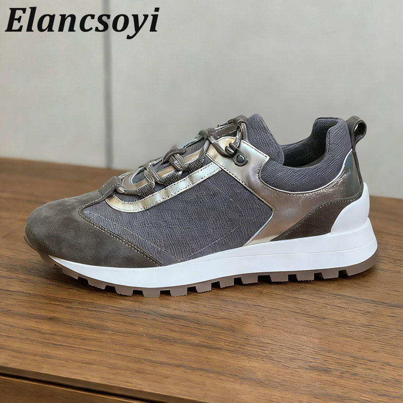 Knit Fabric Lace Up Sneakers - Sneakers für Damen mit Schnürung, Perlen-Dekor,