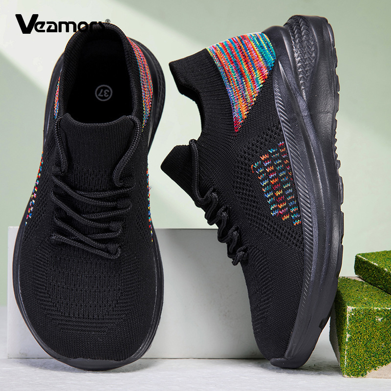 Knit Fabric Lace Up Sneakers - Atmungsaktive Mesh-Socken-Sneaker für Damen, Schnürschuhe mit