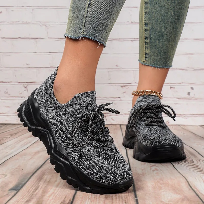 Modische Chunky-Plateau-Sneake – Knit Fabric Lace Up Sneakers Bewertung und Preis