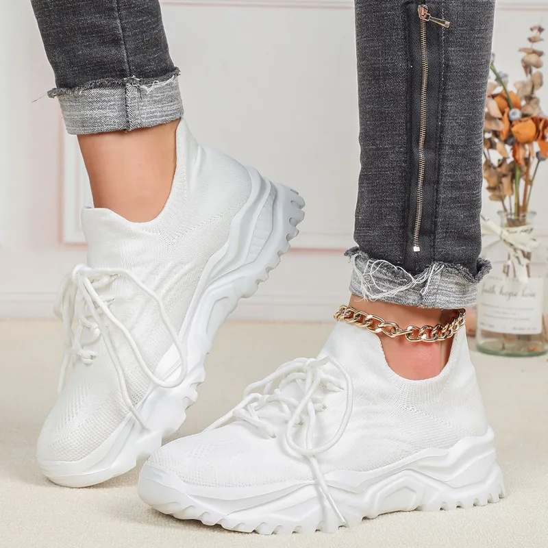 Modische Chunky-Plateau-Sneake – Knit Fabric Lace Up Sneakers Bewertung und Preis
